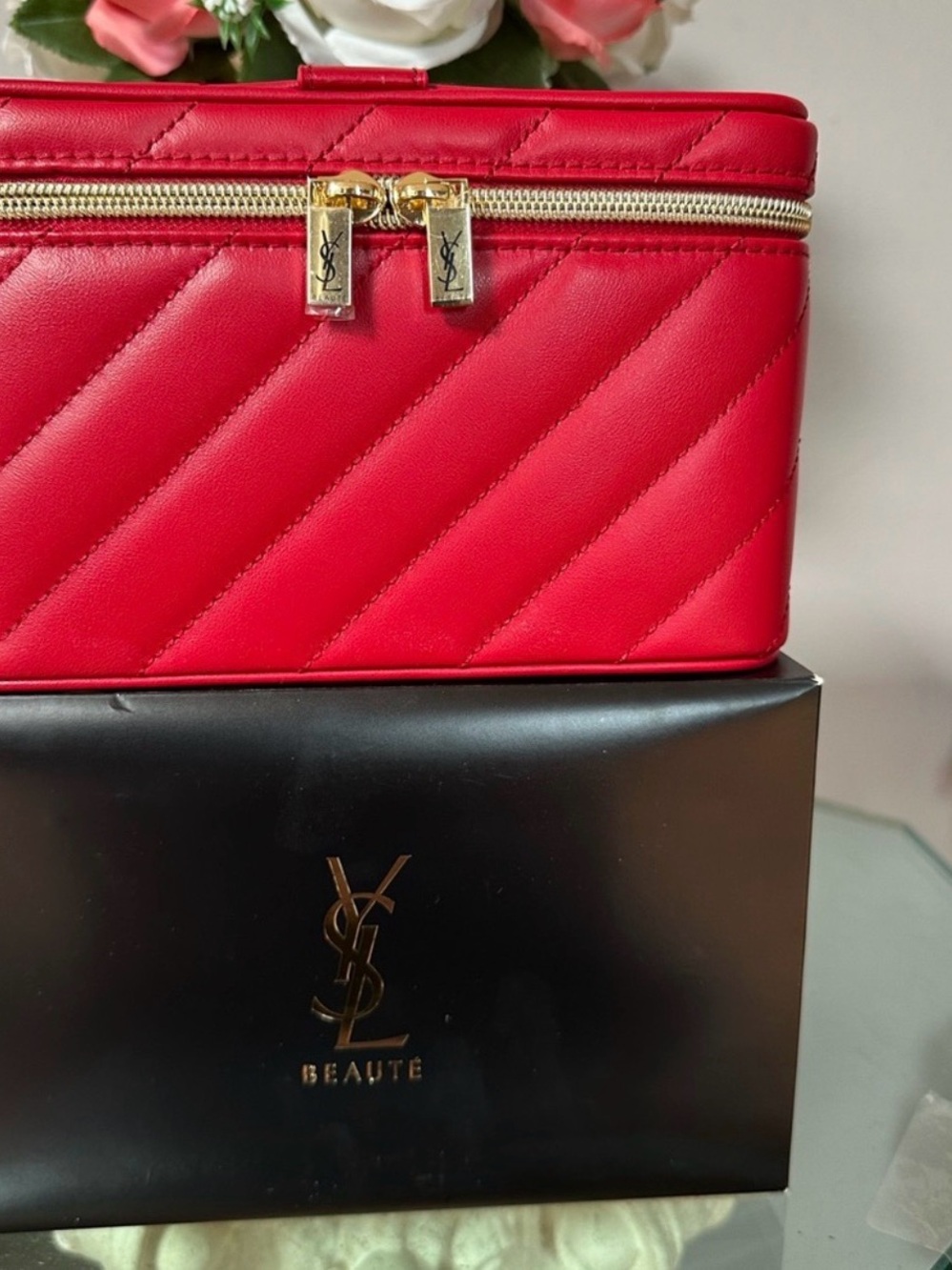 Yves Saint Laurent Red Quilted Cosmetic Case with Gold Hardware